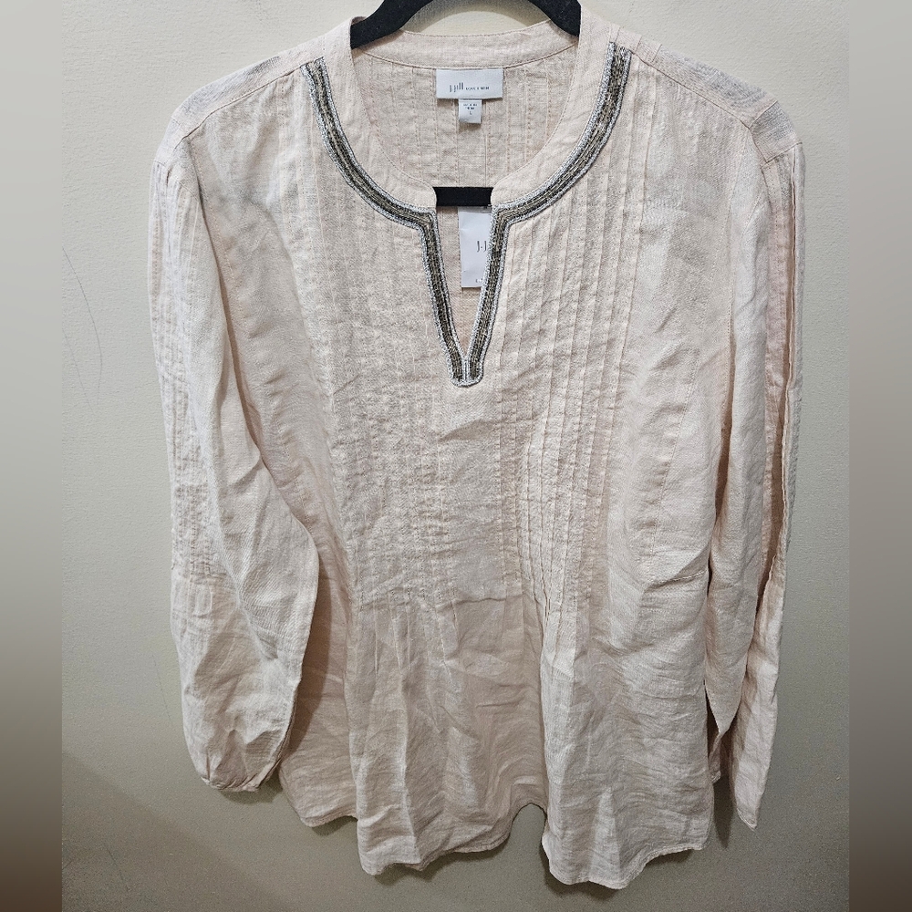 J Jill Love Linen Bisque Nude Beige Beaded Coastal Boho Tunic Blouse Large NEW